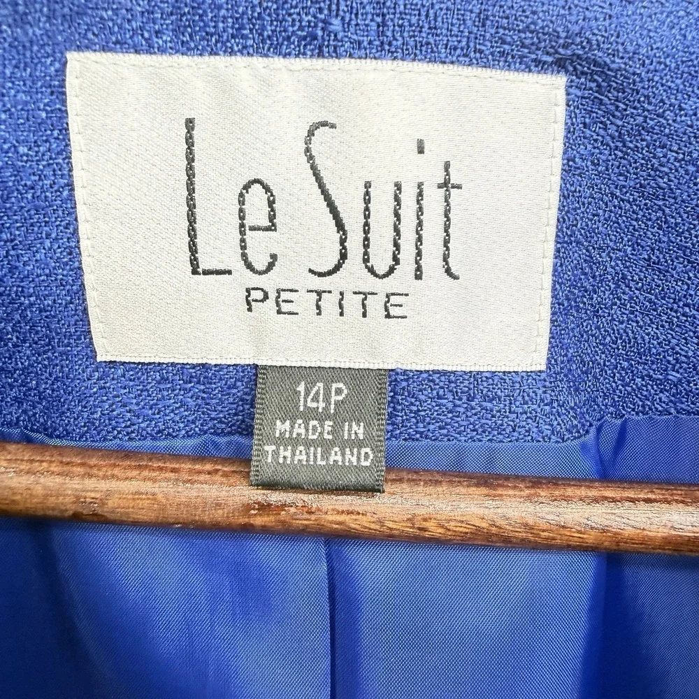 Le Suit Petite 14P Blue 2‎ Pc Skirt Suit Set Career Office Lined Short Sleeve